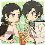  1girl bad_id bad_pixiv_id black_hair blue_eyes couple devil_survivor_2 digital_media_player drink drinking_straw eye_contact grey_eyes heart hetero ice ice_cube jacket kanno_fumi looking_at_another lowres megami_ibunroku_devil_survivor protagonist_(devil_survivor_2) sekito short_hair smile 