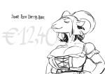 2025 anthro big_breasts black_and_white bovid breasts caprine cleavage clothed clothing dialogue eyes_closed female german_text goat goat_barmaid_(hladilnik) hi_res hladilnik horn huge_breasts mammal monochrome price solo text