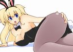  all_fours animal_ears ass blonde_hair blue_eyes bow bowtie breasts bunny_ears bunnysuit cleavage detached_collar large_breasts long_hair momo_(fruits_box) original pantyhose solo twintails wrist_cuffs 
