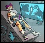 african_wild_dog anthro automatic_edging ball_fondling ball_gag balls bodily_fluids canid canine crying ear_piercing ear_ring edging fondling gag genital_fluids genitals hi_res laboratory leaking_precum male mammal nude_male piercing precum restraining_table ring_piercing robotic_arm shaking slim_male solo struggling sweat sweaty_body tears zoul_illustration