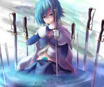  bad_id bad_pixiv_id blue_eyes blue_hair cape gloves magical_girl mahou_shoujo_madoka_magica midriff miki_sayaka navel oktavia_von_seckendorff reflection short_hair solo soul_gem spoilers sword weapon yude 