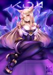  1girl ahri animal_ears bare_shoulders blonde_hair bracelet breasts choker cleavage fox_ears fox_tail full_body gainoob heart idol jewelry k/da_(league_of_legends) k/da_ahri large_breasts league_of_legends long_hair looking_at_viewer makeup multiple_tails parted_lips sitting smile solo tail thighhighs whisker_markings yellow_eyes 