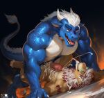 akuro anthro big_chest big_muscles big_penis blue_body bodily_fluids cum dominant dominant_male dragon drooling duo eyewear felid from_front_position genital_fluids genitals glasses hi_res lion lying male male/male mammal mane missionary_position muscular mythological_creature mythological_scalie mythology nexus on_back orgasm orgasm_face pantherine penetration penis saliva scales scalie sex shiny_(disambiguation) size_difference willion