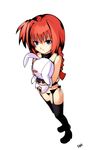  black_legwear blue_eyes braid garter_belt highres lyrical_nanoha mahou_shoujo_lyrical_nanoha_strikers original red_hair rollcake simple_background solo stuffed_animal stuffed_bunny stuffed_toy thighhighs vita 