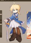  1girl :/ ahoge ankle_boots armor art_program_in_frame artoria_pendragon_(fate) back_bow black_gloves black_jacket blue_bow blue_eyes blue_ribbon boots bow braid brown_boots brown_pantyhose bun_with_braided_base buttons caitoayu cartoonized closed_mouth deformed double-breasted dress excalibur_(fate/stay_night) expressionless fate/stay_night fate_(series) fingerless_gloves full_moon gloves grey_background hair_bun hair_intakes hands_on_hilt high_heel_boots high_heels honkai:_star_rail honkai_(series) jacket juliet_sleeves lace-up_boots long_sleeves looking_at_viewer medium_dress moon neck_ribbon panty_&amp;_stocking_with_garterbelt_(style) pantyhose parody pauldrons planted planted_sword procreate_(medium) procreate_(software) puffy_sleeves reference_inset ribbon saber_(fate) saber_(honkai:_star_rail)_(fate) shoulder_armor simple_background single_hair_bun single_pauldron solo standing style_parody sword toon_(style) weapon white_dress 