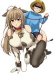  1boy 1girl all_fours amagi_brilliant_park animal_ears animal_print antenna_hair bangs bare_shoulders bell black_legwear blush breast_press breasts brown_eyes brown_hair censored cow_bell cow_ears cow_horns cow_print cow_tail cuffs elbow_gloves erect_nipples gloves grin handcuffs hanging_breasts horns identity_censor large_breasts long_hair open_mouth ribeiku riding sento_isuzu simple_background smile sweat tail thighhighs white_background 