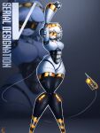 2025 abs arthropod_abdomen artist_name bangs black_abdomen black_legs breasts chest_crystal cleavage clothed clothing disassembly_drone featureless_breasts featureless_crotch female glitch_productions glowing glowing_eyes hair hazard_stripes hi_res holding_arm hueleo8 humanoid joints legs_together machine medium_breasts murder_drones name_drop noseless nude null one_eye_closed raised_arm robot robot_humanoid screen_eyes shaded short_hair solo standing stretching syringe_tail tail tailed_humanoid text thick_thighs v_(murder_drones) white_body white_hair wide_hips wink yellow_eyes