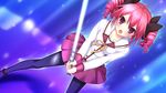  :o angry anklet black_legwear drill_hair energy_sword fighting_stance game_cg hair_ribbon highres hyper_highspeed_genius jewelry open_mouth pantyhose patricia_lancaster pink_hair purple_eyes ribbon school_uniform short_hair skirt solo sword twin_drills twintails weapon yukiwo 