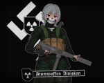  1girl ammunition atomwaffen_division black_background black_gloves camouflage camouflage_pants camouflage_shirt chest_rig fingerless_gloves gloves grey_hair gun hair_between_eyes hearts_of_iron highres holding holding_gun holding_weapon koikatsu_(medium) luty_gun machete mask military_uniform mouth_mask nazi original pants radiation_symbol random_weeb001 red_eyes shirt short_hair skull_mask solo submachine_gun suppressor swastika the_fire_rises weapon white_shirt 