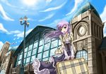  bird building capelet cloud day dress fatkewell fisheye green_eyes highres lamppost luggage original purple_hair sky 