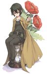  belt belt_pouch black_hair bug butterfly flower hourglass insect kino kino_no_tabi nike_(smaaaash) pouch reverse_trap short_hair sitting solo trench_coat 