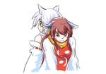  animal_ears back-to-back brown_eyes brown_hair cat_ears chen detached_sleeves earrings face fesserst inubashiri_momiji jewelry long_hair looking_down multiple_girls no_hat no_headwear older simple_background tears touhou white_background white_hair wolf_ears 