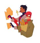  2boys bag baguette black_hair bodysuit bread coat commentary dark-skinned_male dark_skin dingnin98201637 donut food food_in_mouth hashtag-only_commentary holding holding_bag lapels long_sleeves male_focus marvel mask mask_lift miguel_o'hara multicolored_bodysuit multiple_boys open_clothes open_coat paper_bag peter_b_parker short_hair simple_background spider-man spider-man:_across_the_spider-verse spider-man_(series) spider-verse spider_web_print superhero_costume symbol-only_commentary uneven_eyes white_background white_coat 