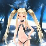  beach bikini blazblue flat_chest long_hair navel o-ring o-ring_top palm_tree rachel_alucard red_eyes solo swimsuit thigh_gap tree twintails wander_(cordabyss) 