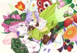  2girls antenna_hair artist_name bare_shoulders black_shorts breasts brown_gloves brown_thighhighs choker cleavage dress earrings fairy_wings fate/grand_order fate_(series) finger_to_mouth floating floral_background flower food frilled_choker frills fruit full_body glove_bow gloves green_jacket hair_ornament hair_scrunchie hands_clasped_in_delight highres jacket jewelry kazuradrop_(fate) koyanskaya_(british_lostbelt_outfit)_(fate) koyanskaya_(fate) large_breasts leather light_blush long_sleeves looking_at_another lower_teeth_only multiple_girls murian_(fate) off-shoulder_dress off_shoulder open_mouth own_hands_clasped own_hands_together purple_eyes purple_hair ran_(ran_0605) raspberry scrunchie shorts smile strawberry studded_jacket sunflower teeth thighhighs underbust upper_body upper_teeth_only white_gloves wings yellow_eyes yellow_scrunchie 
