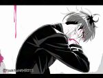  1boy blood blood_on_face blood_on_hands earrings from_side gakuran greyscale jacket jewelry last_defense_academy_school_uniform letterboxed looking_at_viewer male_focus monochrome multicolored_hair omokage_yugamu pink_blood roots_(hair) school_uniform short_hair solo spot_color sweat the_hundred_line_-last_defense_academy- twitter_username undercut wiping_mouth yoshihumi442313 