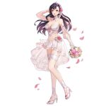  1girl arm_up artist_request bikini bikini_skirt black_hair bouquet breasts bridal_swimsuit bridal_veil bride cleavage commentary_request detached_collar detached_sleeves earrings english_commentary falling_petals floating_clothes floating_hair flower foot_up full_body gem gloves hair_flower hair_ornament hairband hand_in_own_hair high_heels holding holding_bouquet jewelry king&#039;s_raid korean_commentary large_breasts long_hair mixed-language_commentary nontraditional_wedding_dress official_alternate_costume official_art open_mouth petals pink_flower red_eyes red_flower red_gemstone sarong second-party_source see-through_clothes see-through_gloves see-through_sarong see-through_sleeves see-through_thighhighs shoes simple_background smile solo swimsuit talisha_(king&#039;s_raid) thighhighs veil white_background white_bikini white_flower white_gloves white_sarong white_shoes white_sleeves white_thighhighs 