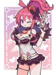  1girl ;3 ;d bare_shoulders between_breasts blush border bracelet breasts brown_skirt cleavage commentary cowboy_shot crown disgaea gun highres holding holding_gun holding_weapon jewelry long_hair looking_at_viewer makai_senki_disgaea_5 medium_breasts microskirt mini_crown navel necktie necktie_between_breasts one_eye_closed open_mouth outside_border pink_background pointy_ears polka_dot polka_dot_background purple_background purple_eyes red_hair red_necktie seraphina_(disgaea) shirt skirt sleeveless sleeveless_shirt smile solo suaman weapon white_border white_shirt 
