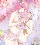  1boy 2girls green_eyes hair_between_eyes holding_hands japanese_clothes kaguya_(rune_factory) komugiko_(komugiu08) long_hair looking_at_viewer multiple_girls official_alternate_costume old old_man pink_hair rune_factory rune_factory:_guardians_of_azuma sakaki_(rune_factory) thumbs_up ulalaka 