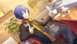  1boy ;d black_jacket black_shirt blue_eyes blue_hair blue_nails blurry bokeh chair colorful_palette cookie cream cup depth_of_field fingernails food game_cg grey_pants grin hair_between_eyes highres holding holding_cup jacket jewelry kaito_(vocaloid) male_focus multiple_rings nail_polish official_art one_eye_closed open_clothes open_jacket pants plant plate potted_plant project_sekai rekindle_the_flame_(project_sekai) ring shirt sitting smile solo spoon table teeth third-party_source vivid_bad_squad_kaito vocaloid 