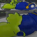 1_eye anal anal_fluids anthro blue_body bodily_fluids candy dessert dominant dominant_female electronics female female/female food food_creature green_body gummy_(food) gummy_creature headphones hi_res jelly_band living_candy multi_eye nakeilyar oral rimming sex speech_bubble submissive submissive_female