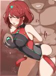  1boy 1girl absurdres breasts circlet clothed_female_nude_male core_crystal_(xenoblade) doggystyle grabbing_another&#039;s_breast grabbing_from_behind grin groping hetero highres large_breasts medium_breasts milliani netorare nude one-piece_swimsuit open_mouth penis pyra_(pro_swimmer)_(xenoblade) pyra_(xenoblade) red_eyes red_hair sex sex_from_behind smile standing standing_sex swept_bangs swimsuit teeth tongue tongue_out xenoblade_chronicles_(series) xenoblade_chronicles_2 
