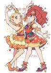  2girls :d absurdres aikatsu! aikatsu!_(series) arm_up arms_up blonde_hair bracelet choker dancing detached_sleeves dress frilled_choker frills full_body high_heels highres idol_clothes jewelry kurebayashi_juri long_hair looking_at_viewer multiple_girls open_mouth orange_dress orange_shoes outstretched_arms ponytail purple_eyes purple_shoes red_dress red_hair shinjo_hinaki shoes short_hair smile standing white_background yukikokoro 