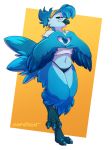  &lt;3 2019 abstract_background anthro avian bandanna beak bird blue_eyes blue_feathers bluebird cheek_tuft claws clothed clothing conditional_dnp digital_media_(artwork) eyelashes feathers female head_tuft hindpaw looking_at_viewer navel panties partially_clothed paws sefeiren shirt tuft tweetfur twitter underwear wings 