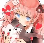  1girl bear_hair_ornament blue_eyes blush character_name commentary_request danganronpa danganronpa_1 dot_nose enoshima_junko evil_grin evil_smile eyebrows_visible_through_hair face grin hair_ornament heart heterochromia holding long_hair looking_at_viewer monokuma nail_polish pink_hair red_heart red_nails smile solo tomachi7727 twintails 