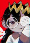  1girl absurdres black_hair braid crown glasses hashtag-only_commentary highres kirby_(series) kirby_64 long_hair low_twin_braids possessed purple_eyes red_background ripple_star_queen simple_background sleeves_past_fingers sleeves_past_wrists smile twin_braids usuba_(hatomugip) zero_two_(kirby) 