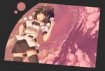  bad_id bad_pixiv_id belt black_legwear bow bowtie cloud dress_shirt expressionless hand_on_hip hat huanxiang_huifeng index_finger_raised looking_at_viewer open_mouth shameimaru_aya shirt short_hair skirt sky solo sunset thighhighs tokin_hat touhou zettai_ryouiki 