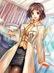  :d bed blue_eyes blush breasts brown_hair doctor hospital hospital_bed intravenous_drip labcoat medium_breasts miniskirt open_mouth original pantyhose paper pencil_skirt short_hair skirt smile solo stethoscope suoni_(deeperocean) 