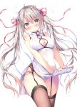  bare_arms black_garter_belt black_garter_straps black_thighhighs blue_panties blush breasts brown_hair china_dress chinese_clothes cleavage clothes_lift commentary_request covered_navel covered_nipples double_bun dress dress_lift embarrassed fishnet_thighhighs fishnets garter_belt garter_straps green_eyes hair_between_eyes hair_bun lifting_own_clothes long_hair medium_breasts original panties red_ribbon ribbon side-tie_panties sidelocks simple_background standing thighhighs twintails underwear very_long_hair watagashi_yui white_background white_dress 