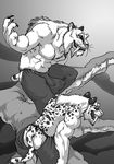  anthro biceps body_markings bulge butt chaps claws clothing fangs feline fur grin loincloth male mammal markings monochrome muscles open_mouth pants pecs pose smile smilodon solo spots teeth tesso tongue topless tusks underwear whiskers 