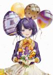  1girl absurdres alternate_costume ani_019 balloon blue_eyes bouquet commentary cookie_print english_commentary fang food_print highres holding holding_bouquet hololive hololive_english jacket looking_at_viewer ninomae_ina&#039;nis open_mouth orange_ribbon pointy_ears purple_hair purple_jacket ribbon shirt short_hair simple_background skirt takodachi_(ninomae_ina&#039;nis) virtual_youtuber white_background white_skirt yellow_shirt 