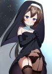  1girl absurdres bare_shoulders black_dress black_gloves black_panties blush bow bow_panties breasts brown_hair clothes_lift detached_collar detached_sleeves dress elbow_gloves garter_belt garter_straps gloves highres lifting_own_clothes looking_at_viewer maretto nun off-shoulder_dress off_shoulder original own_hands_together panties purple_eyes small_breasts smile solo underwear veil 