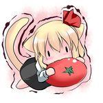  animal_ears blonde_hair cat_ears cat_tail chibi eating hoshizuki_(seigetsu) kemonomimi_mode lying on_stomach open_mouth purumia rumia solo tail tomato touhou trembling |_| 