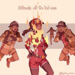  1girl 3boys black_eyes black_gloves black_helmet breast_pocket brown_hair brown_jacket burning charizard closed_mouth commentary dynamax english_commentary english_text fingerless_gloves fire fire_extinguisher firefighter firefighter_helmet firefighter_jacket gigantamax gigantamax_charizard gloves hat helmet holding holding_fire_extinguisher holding_hose hose in_pocket jacket long_hair looking_at_another lydialing_draws multiple_boys pocket pokemon pokemon_(creature) pokemon_focus ponytail red_hat red_jacket smile smug undersized_animal 