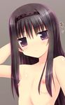  adjusting_hair akemi_homura black_hair blush collarbone flat_chest hairband jitome long_hair mahou_shoujo_madoka_magica nipples purple_eyes simple_background solo topless unikurage 