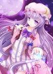  book crescent dress energy_ball full_moon hair_ribbon hat moon night patchouli_knowledge pink_dress purple_eyes purple_hair ribbon solo striped striped_dress tengeiji touhou wristband 