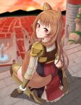  1girl animal_ear_fluff animal_ears armor belt black_belt black_dress blunt_bangs boots breastplate brown_boots brown_hair closed_mouth cloud cloudy_sky collared_dress double-parted_bangs dress dusk eyelashes from_behind full_body high_collar highres holding holding_own_hair layered_dress light_blush long_hair long_sleeves looking_at_viewer looking_back metal_wrist_cuffs mountainous_horizon nose orange_sky pauldrons pinstripe_dress pinstripe_pattern raccoon_ears raccoon_girl raccoon_tail raised_eyebrows raphtalia red_dress red_eyes red_sky shoulder_armor single_pauldron sitting sky sleeveless sleeveless_dress smile solo straight_hair sun sunset swept_bangs syhown tail tate_no_yuusha_no_nariagari thigh_boots tower town two-tone_dress unfinished v-shaped_eyebrows wariza white_dress 