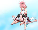  bow bow_(weapon) breasts brown_eyes cosmic_break detached_sleeves large_breasts mecha_musume melfi official_art pink_hair sitting skirt smile solo thighhighs wakaba wallpaper weapon 