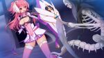  1girl :o armor battle belt blush bone boots bow breasts center_opening cleavage cleavage_cutout clothing_cutout dress dutch_angle elbow_gloves en_ciel_rena en_ciel_rena_(sin) faulds game_cg gem gloves gorget hair_between_eyes hair_ornament hair_ribbon holding holding_shield hood indoors kourin_tenshi_en_ciel_rena large_breasts large_variant_set legs_apart long_hair looking_at_another magical_girl monster non-web_source official_art one_side_up open_mouth outstretched_arm pauldrons pink_belt pink_hair pink_thighhighs red_eyes ribbon saitou_natsuki scythe shield short_dress shoulder_armor skeleton skirt standing suhamaya thigh_boots thighhighs tomoe_rena turtleneck v-shaped_eyebrows variant_set weapon white_gloves zettai_ryouiki 