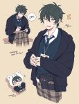 1boy bear black_bag black_jacket blue_eyes blue_necktie blue_sweater brown_background character_doll character_signature closed_mouth collared_shirt commentary_request doll ensemble_stars! fingernails green_hair hair_between_eyes heterochromia highres holding holding_notebook holding_pen hood hood_down hooded_jacket interlocked_fingers jacket kagehira_mika korean_commentary layered_clothes long_sleeves male_focus multiple_views necktie notebook notice_lines open_clothes open_jacket open_mouth pants pen plaid_clothes plaid_pants round_o0 shirt simple_background smile speech_bubble sweater thought_bubble tongue tongue_out writing yellow_eyes 