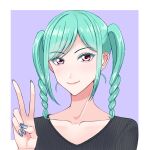  1girl 3172syunhg aqua_hair black_shirt blue_background blue_nails blush border braid closed_mouth collarbone eyelashes highres lone_nape_hair looking_at_viewer love_live! love_live!_superstar!! medium_hair onitsuka_tomari outside_border pink_eyes pink_lips portrait shirt sidelocks simple_background smile solo striped_clothes striped_shirt twin_braids v vertical-striped_clothes vertical-striped_shirt white_border 