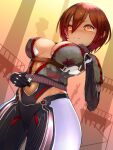  1girl black_gloves black_jacket breasts brown_eyes brown_hair cleavage closed_mouth gloves highres hololive hoshara jacket looking_at_viewer mechanical_legs medium_breasts medium_hair roboco-san roboco-san_(1st_costume) smile solo virtual_youtuber zipper zipper_pull_tab 