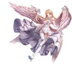  1girl angel angel_wings artist_request aselica_(king&#039;s_raid) belt blonde_hair blue_gemstone braid breasts bridal_gauntlets bride cleavage commentary_request dress dress_flower english_commentary feathered_wings feathers floating_clothes floating_hair flower footwear_flower full_body garter_straps gem green_eyes hair_flower hair_ornament hair_ribbon high-low_dress high_heels highres jewelry king&#039;s_raid korean_commentary large_breasts layered_dress light_smile long_dress long_hair long_sidelocks mixed-language_commentary necklace official_alternate_costume official_art plunging_neckline ribbon second-party_source shoes sidelocks simple_background skirt_hold solo thighhighs tiara tress_ribbon wedding_dress white_background white_belt white_dress white_feathers white_flower white_shoes white_thighhighs white_wings wing_armor wings 