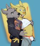 2025 anthro belly_grab black_nose bottomwear boxer_briefs breath buckteeth bulge canid canine canis clothed clothing clothing_lift don&#039;t_eat_the_neighbours duo exclamation_point fur grey_body grey_fur hi_res jacket jrjresq lagomorph leather leather_clothing leather_jacket leather_topwear leporid male male/male mammal open_bottomwear open_clothing open_pants pants rabbit rabbit_(don&#039;t_eat_the_neighbours) shirt shirt_lift teeth topwear underwear wolf wolf_(don&#039;t_eat_the_neighbours) yellow_body yellow_fur yellow_nose