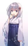  1girl blush double-parted_bangs dress expressionless finger_to_mouth floral_print frilled_dress frills gradient_background grey_hair hakama highres japanese_clothes kimono long_hair long_sleeves looking_at_viewer low_twintails medium_hair open_mouth original print_kimono purple_eyes simple_background solo tongue twintails white_hair zoirun 