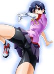  bad_id bad_pixiv_id bakemonogatari bandages bike_shorts blue_hair brown_eyes kanbaru_suruga kicking monogatari_(series) perspective school_uniform short_hair skirt solo sumeragi_tomo 